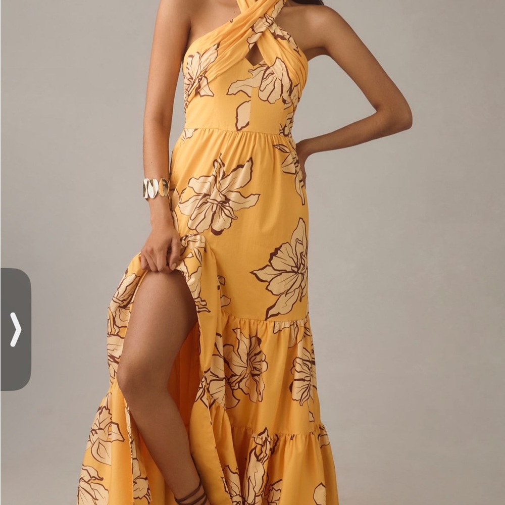 Anthropologie Gold and White Backless Sundress with Slit and Halter Neckline